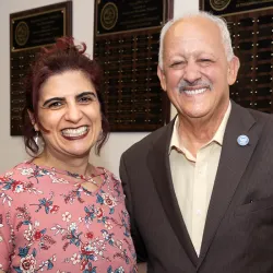 From left, Manijee Badiee, recipient of the 2023-24 Golden Apple Award, and CSUSB President Tomás D. Morales